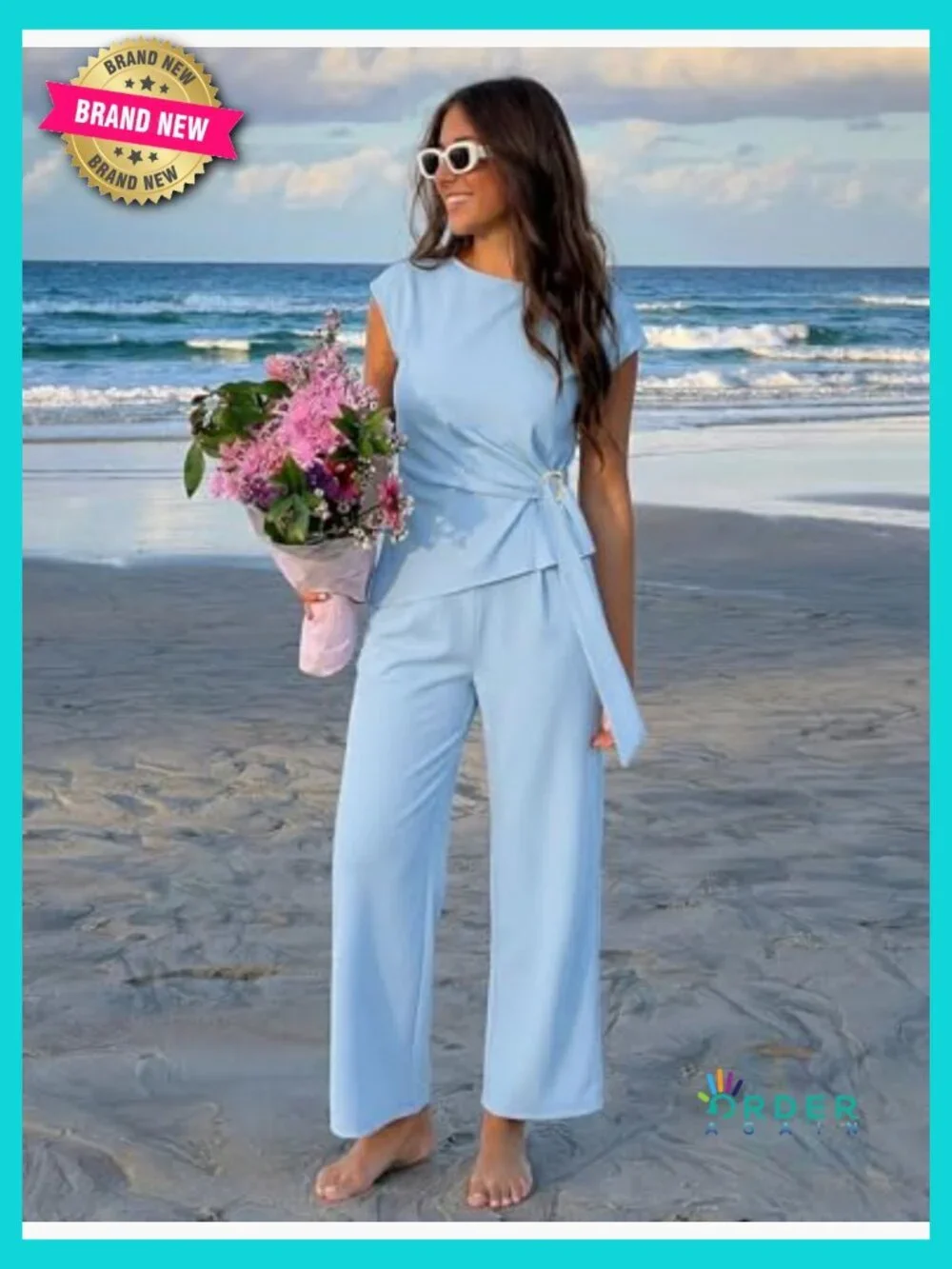 2 Piece Outfit Set Short Sleeve Knit Top Wide Leg Pants Office Work